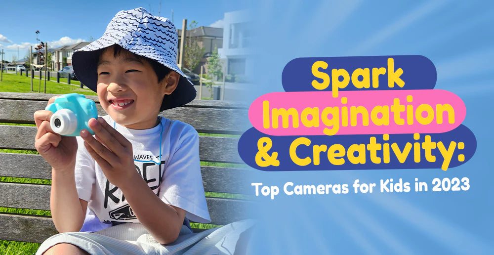 Young boy sitting on a bench outdoors smiling and holding a blue kids camera with text "Spark Imagination & Creativity: Top Cameras for Kids in 2023" on a blue background