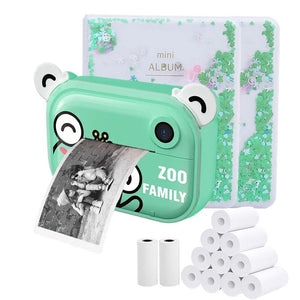 kids instant print camera with thermal paper rolls and mini album in green cartoon design
