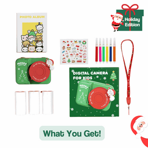 Christmas edition kid instant print camera bundle with markers, photo album, stickers, lanyard, and thermal paper rolls