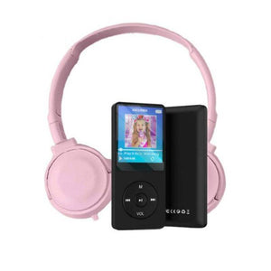 Black MP3 player with color screen and pink headset for kids with hi-fi sound and no internet connection