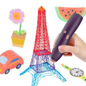 Hand holding 3D Magic Pen creating colorful Eiffel Tower with flower, car, clock, and watermelon 3D models nearby