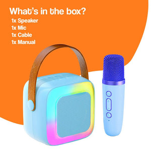 Family Fun Karaoke Machine portable speaker and wireless microphone set with colorful LED lights and brown handle against orange background