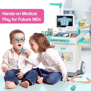 Children playing with the Little Doctor Adventure Play Kit featuring medical trolley and doctor accessories for imaginative role play