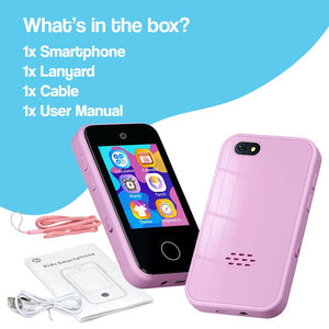 Little Genius Dual Camera kid's smartphone with lanyard, charging cable, and user manual in pink color for ages 3+
