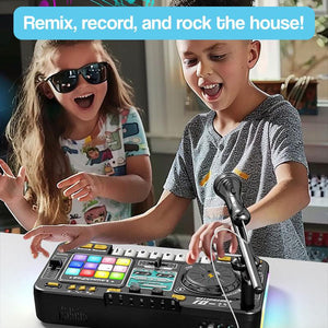 Kids enjoying MixMaster Junior DJ Console with colorful lights and microphone, remixing and recording music indoors