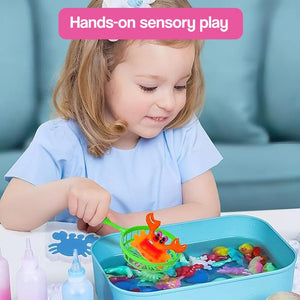 Children playing with colorful Magic Gel and creating glowing sea creatures with molds and tools