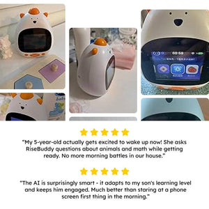 AI Powered RiseBuddy smart learning alarm clock with colorful touchscreen and playful kid-friendly design