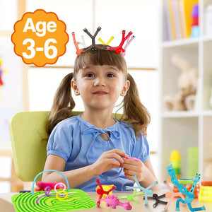 Child playing with colorful STEM toys from screen-free busy bag for ages 3 to 6