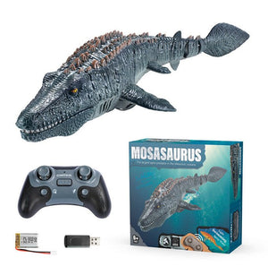 Remote control Mosasaurus toy boat with water spray and lights on a pool surface