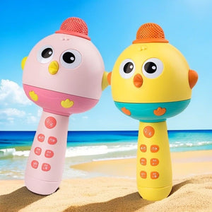 Compact kids karaoke microphone and speaker toy with Bluetooth and rechargeable battery in bright colors