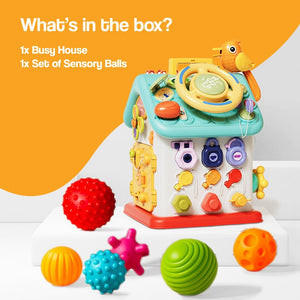 Montessori Busy House toy for fine motor skills development with interactive buttons and sensory balls set