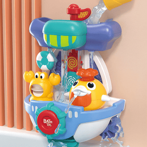 Spinning water-spraying bath toy in bright colors with interactive elements for kids' bath time fun and skill development