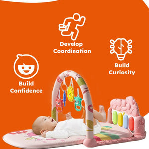 Baby Foot-Piano Fitness Rack for newborns with hanging rattles and soft play mat, promoting early learning and coordination for babies 0-36 months
