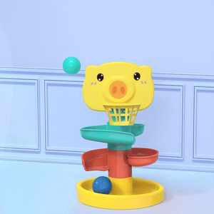 Colorful interactive baby basketball stacking toy with spinning rings and track balls for toddlers