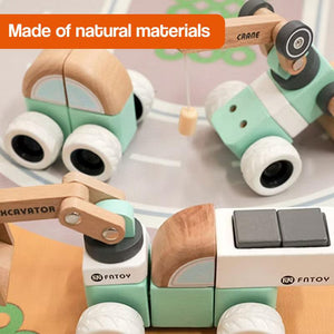 Wooden Montessori vehicle set with snap-together natural rubberwood pieces and silicone wheels for quiet play
