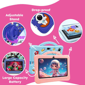 Blue and pink shockproof learning tablets for kids with adjustable stand, drop-proof astronaut case, large battery, and HD screen