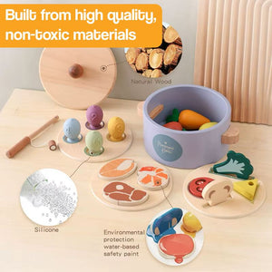 Little Chef Montessori wooden cooking set with colorful veggies, proteins, utensils, and counting fish for imaginative healthy play.