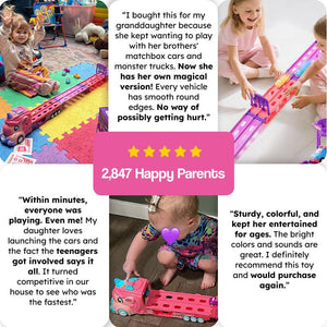 Unicorn Express dual racing truck toy with colorful cars and foldable track for kids ages 3+