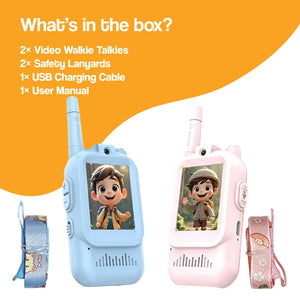 Blue and pink Face-to-Face Video Walkie Talkie set for kids with safety lanyards and USB charging cable.