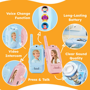Face-to-Face Video Walkie Talkie set for kids with video intercom, voice change function, clear sound, and long-lasting battery in blue and pink colors