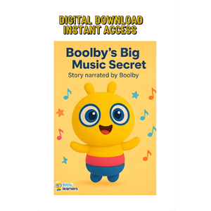 Cover of Boolby's Big Music Secret eBook featuring a cheerful yellow character with music notes around on a yellow background for kids aged 2+ educational storytime and playtime digital download