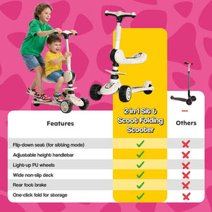 2-in-1 Sit & Scoot folding scooter with flip-down seat and light-up wheels for kids ages 3-10