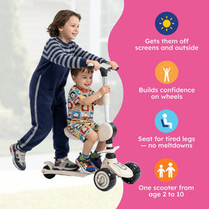 2-in-1 Sit & Scoot folding scooter with flip-down seat and light-up wheels for kids ages 3 to 10