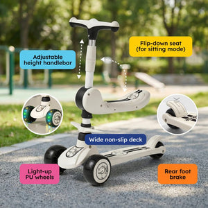 2-in-1 Sit & Scoot folding scooter with flip-down seat and light-up wheels for ages 3 to 10