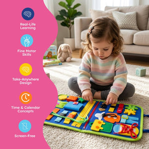 Little Hands & Big Minds Busy Book toddler activity handbag with zippers buttons buckles and clock face for ages 1-4