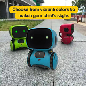 Robby the Robot interactive toy in blue, red, and green colors for kids with voice recognition and educational games