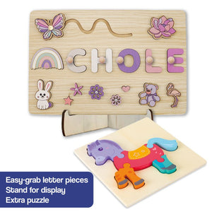 Custom Name Montessori Board personalized wooden name puzzle with colorful letter pieces and animal shapes for kids learning and play