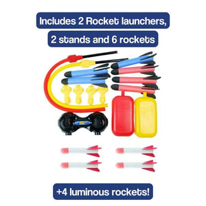 Dual Toy Rocket Launcher set with 2 launchers, 2 stands, 6 colorful rockets, and 4 luminous rockets for outdoor interactive play.