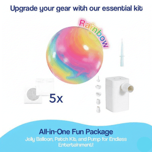Giant Jelly Balloon Ball inflatable toy with rainbow colors, pump, patch kit, and accessories for outdoor fun and active play.
