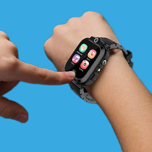 Kids multi-purpose smartwatch with colorful touch screen and app icons on wrist against blue background