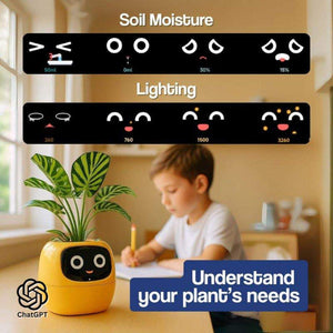 Ivy AI GrowBuddy smart plant care system with expressive face and sensors for kids learning plant care