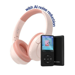 Black MP3 player with color screen and pink wireless over-ear headset featuring AI noise reduction