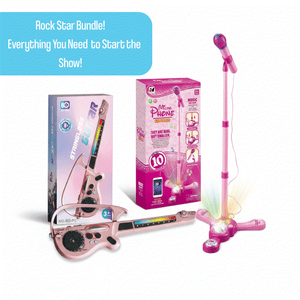 Complete Karaoke Mic Set with pink microphone, LED light stand, and toy guitar for kids' musical fun