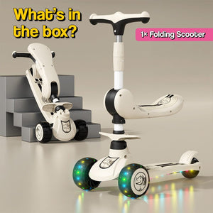 2-in-1 Sit & Scoot folding scooter with flip-down seat and light-up wheels for kids ages 3 to 10