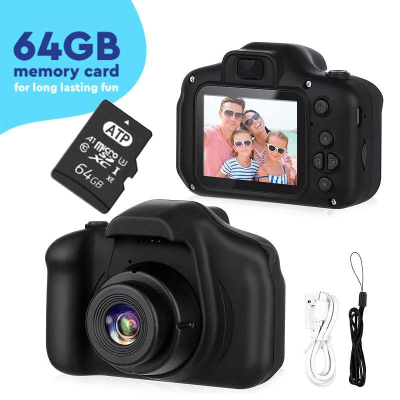 LittleLens Kids Camera black toy with 64GB memory card, USB cable, and strap for children's photography and creativity