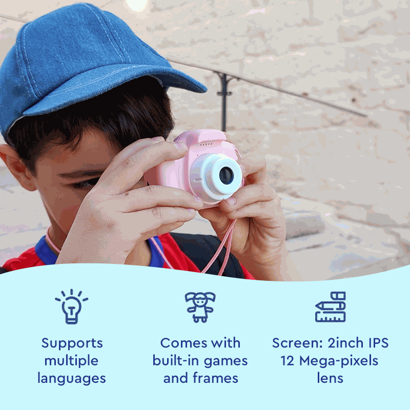 Child holding a pink LittleLens Kids Camera outdoors, highlighting features like multiple languages support, built-in games and frames, and a 2-inch IPS screen with 12 mega-pixels lens.