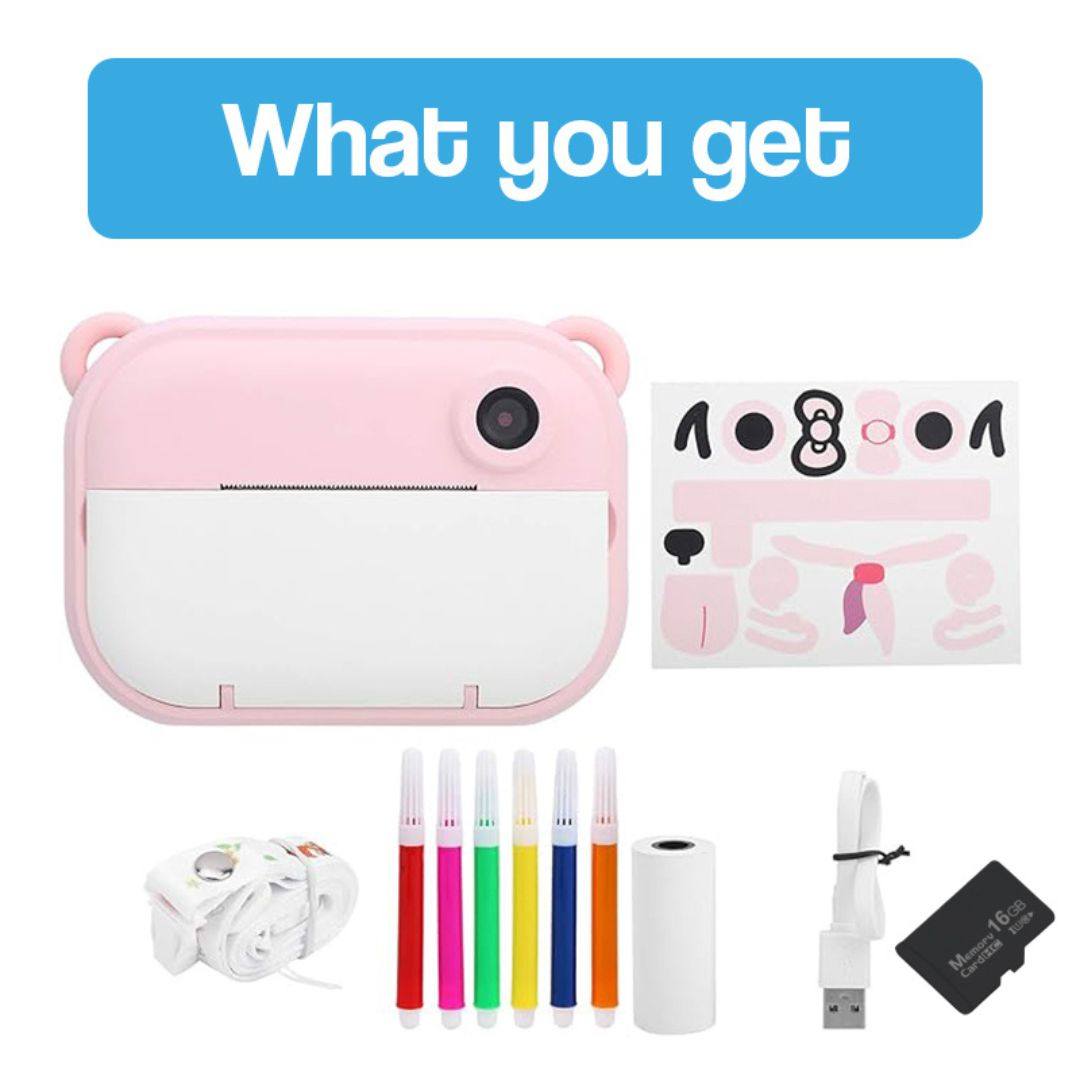 Kid Instant Print Camera with pink case, stickers, colored markers, thermal paper roll, USB cable, and 16GB memory card for kids creativity and instant photo printing