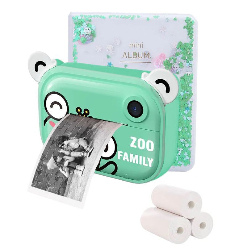 Kid instant print camera cute green design with photo printing, thermal paper rolls, and mini album for kids creativity
