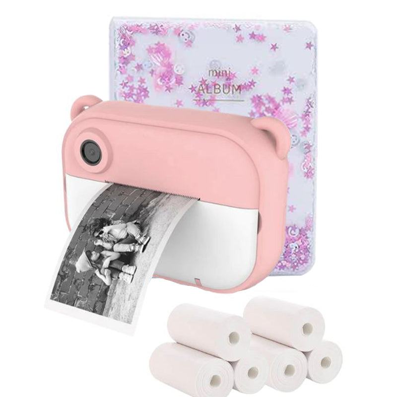 pink kids instant print camera with bear ears printing black and white photo with thermal paper rolls and mini photo album