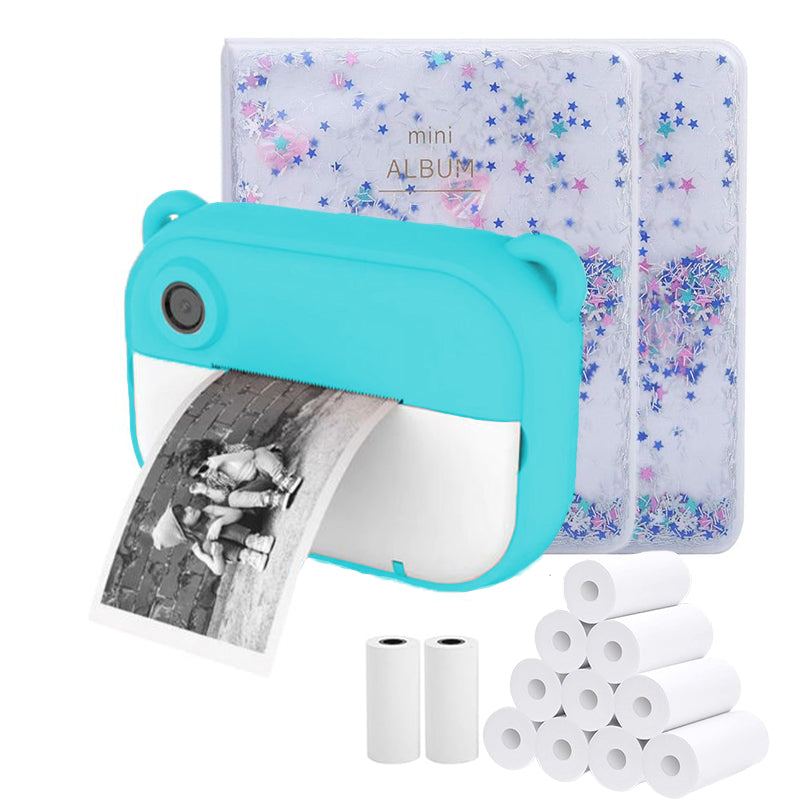 Blue kid instant print camera printing black and white photo with star-pattern mini albums and thermal paper rolls bundle