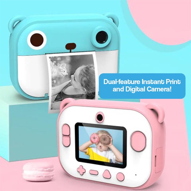 Kid Instant Print Camera in blue and pink with dual instant print and digital photo features for kids.