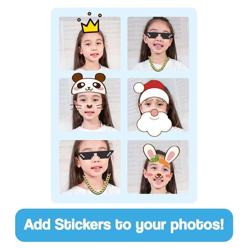 Kid Instant Print Camera Halloween collection photo sheet with kids wearing fun digital stickers including crown, sunglasses, panda hat, Santa beard, and bunny ears
