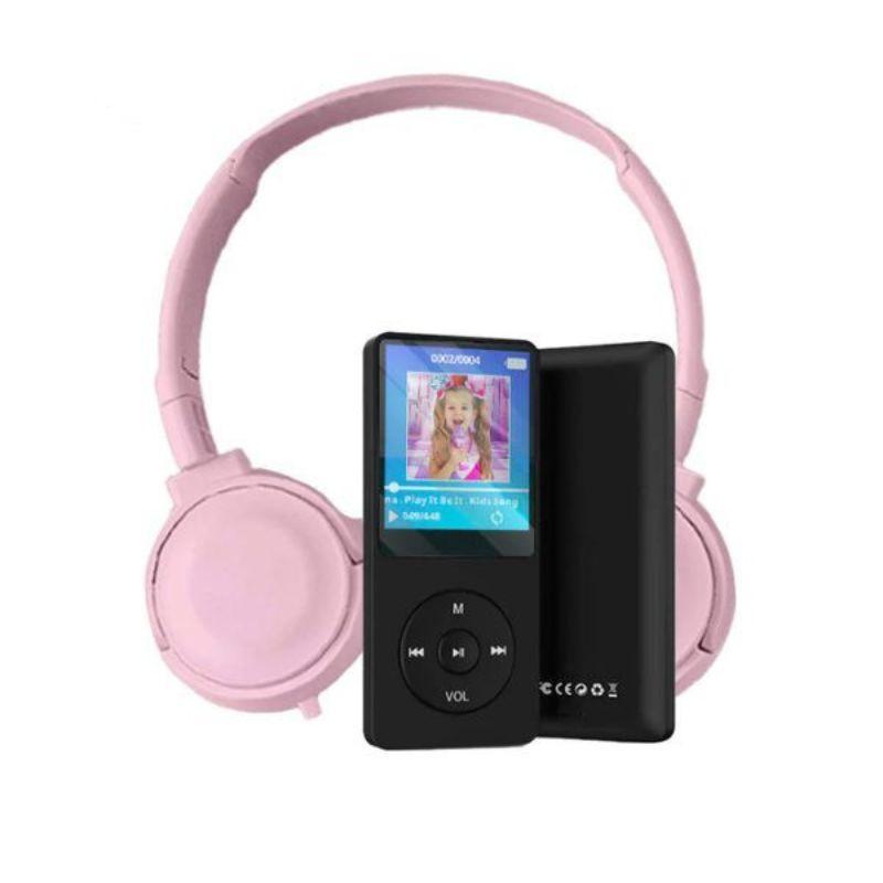 Black MP3 player with color screen and pink headset for kids with hi-fi sound and no internet connection