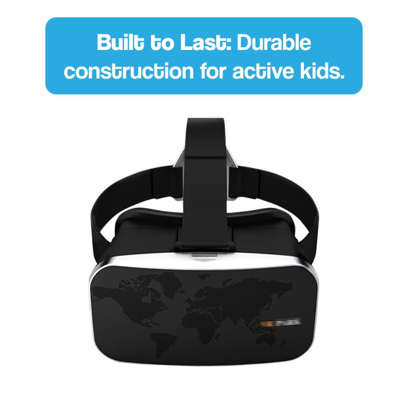 Interactive VR Headset for kids with durable design and world map pattern for immersive learning and play.