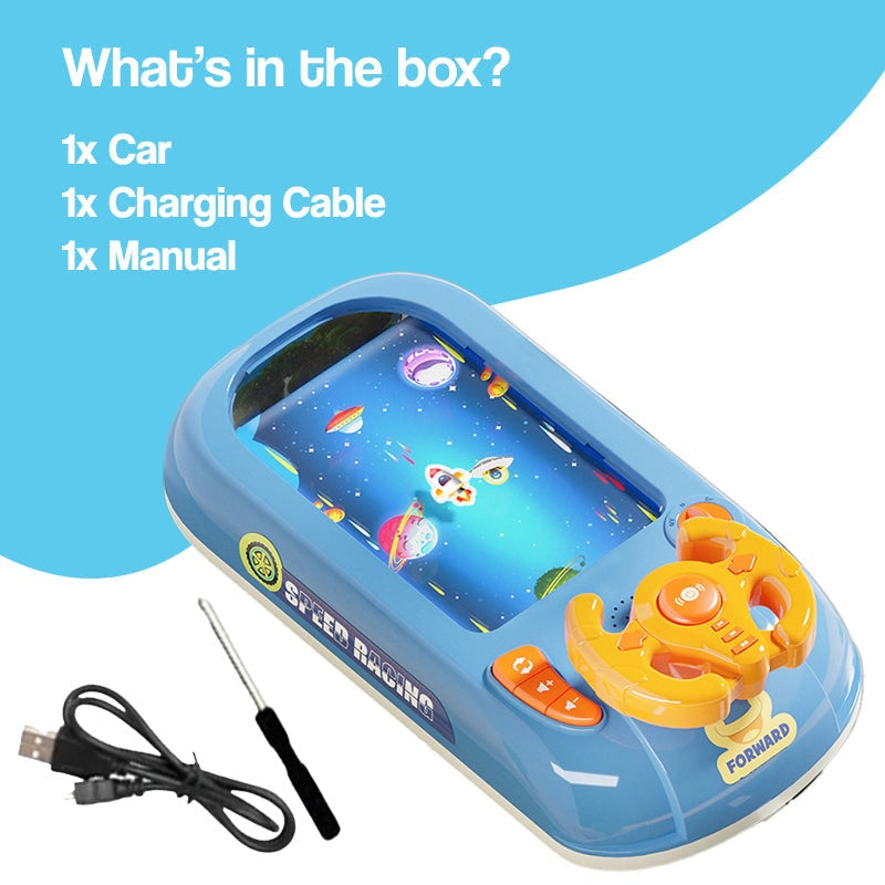 TurboRace Interactive Game Set with blue racing console, steering wheel, and included car, charging cable, and manual
