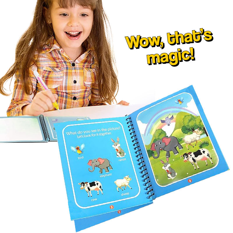 Child using Magic Color Reusable Waterbook revealing colorful animal illustrations with water pen
